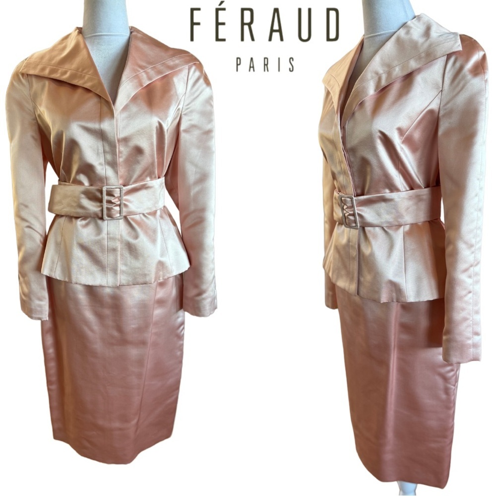 Louis Féraud Suit Pink Silk Skirt Belt Jacket 8 small Valentine’s Day Vintage